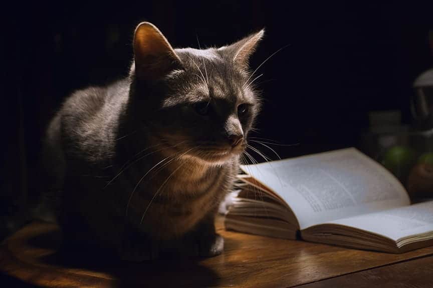 cat with a book in the dark