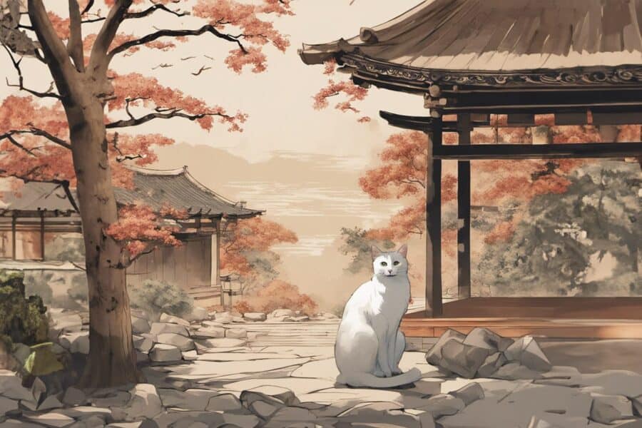 Korean cat illustration with buildings and tree
