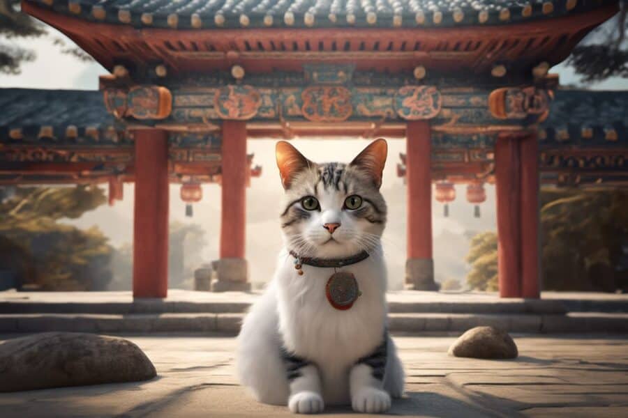 Korean cat in front of a temple