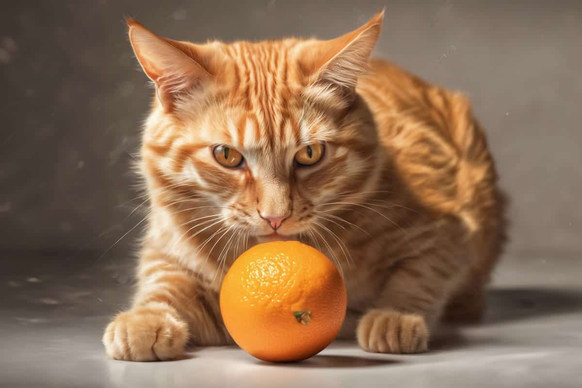 an orange cat looking at an orange fruit