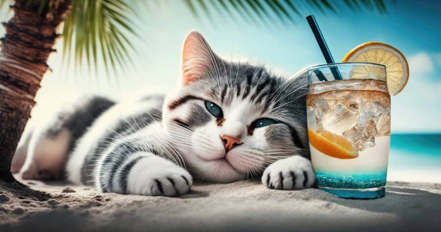 alcohol cat names - cat with cocktail on beach