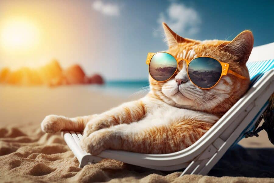 cat wearing sunglasses at the beach
