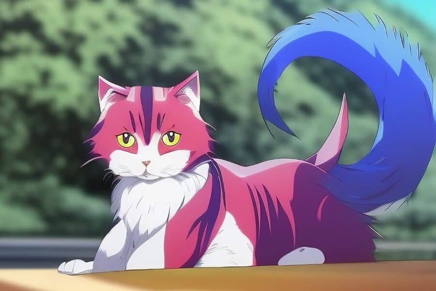 pink anime cat with blue tail