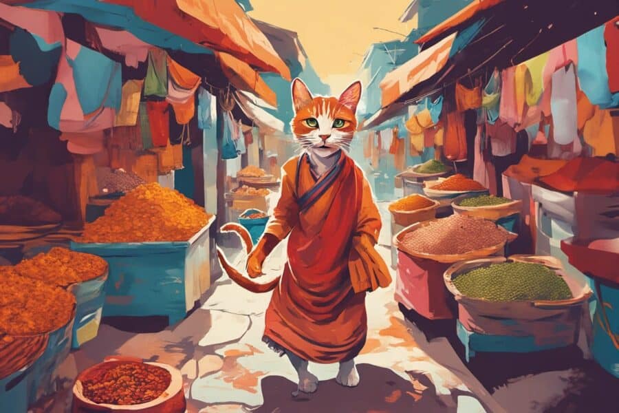 cat in an Indian market, illustration